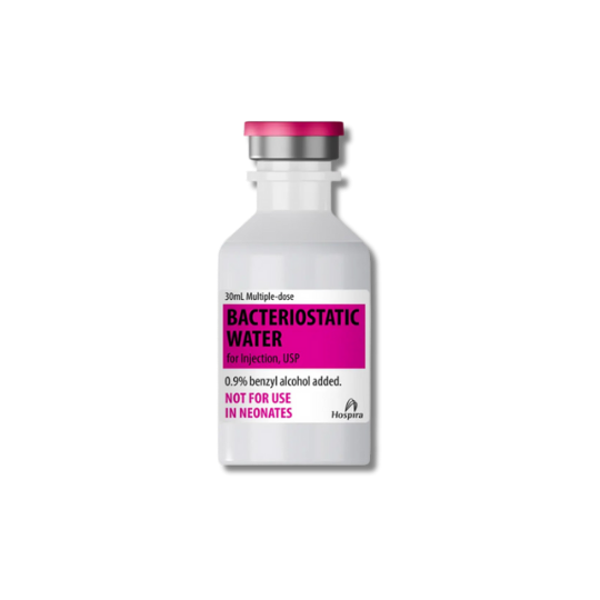 30mL vial of Hospira Bacteriostatic Water with a pink label