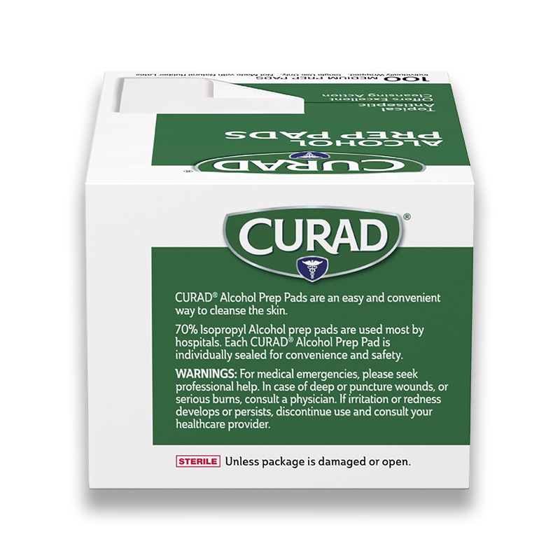 Side of box view of CURAD Alcohol Prep Pads for laboratory sanitization